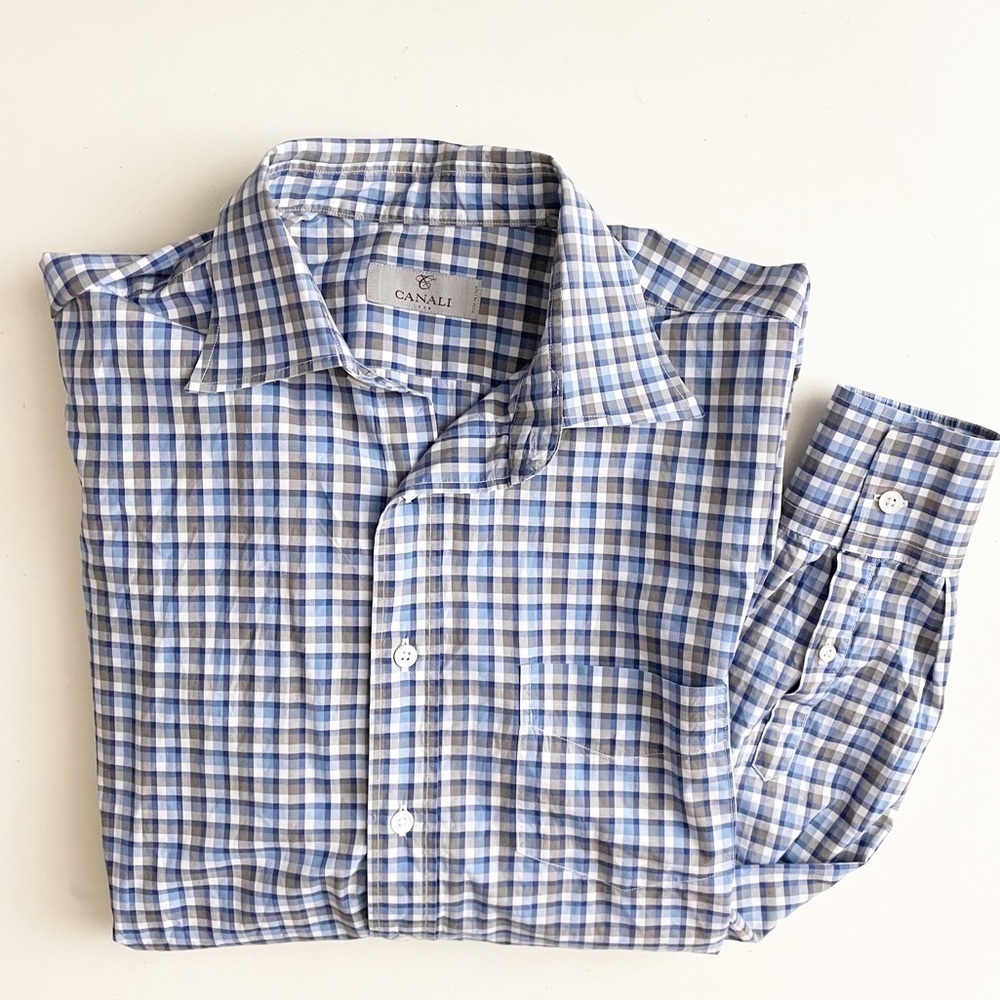 Canali Men’s Lightweight Cotton Check Button Down Shirt Blue White Size Large